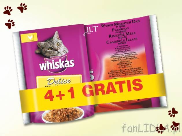 Karma dla kota , cena 4,69 PLN za 5x100 g, 1kg=9,38 PLN.  
-  Różne rodzaje