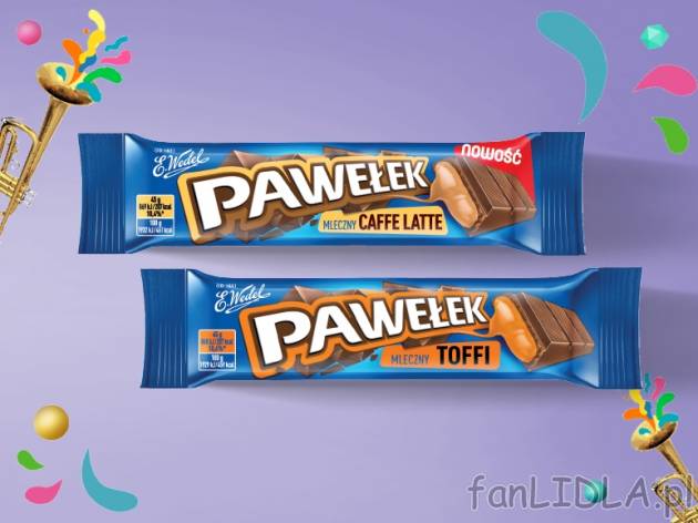 Wedel Batonik Pawełek , cena 1,00 PLN za 45 g/1 opak, 100 g=2,87 PLN.  
różne rodzaje