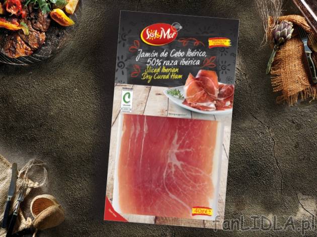 Hiszpańska szynka krojona, surowa , cena 6,00 PLN za 40 g/1 opak., 100 g=17,48 PLN.