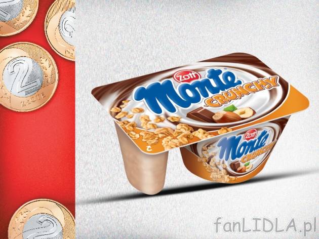 Zott Monte Crunchy lub Cookies , cena 2,00 PLN za 125 g/1 opak., 100 g=1,60 PLN.