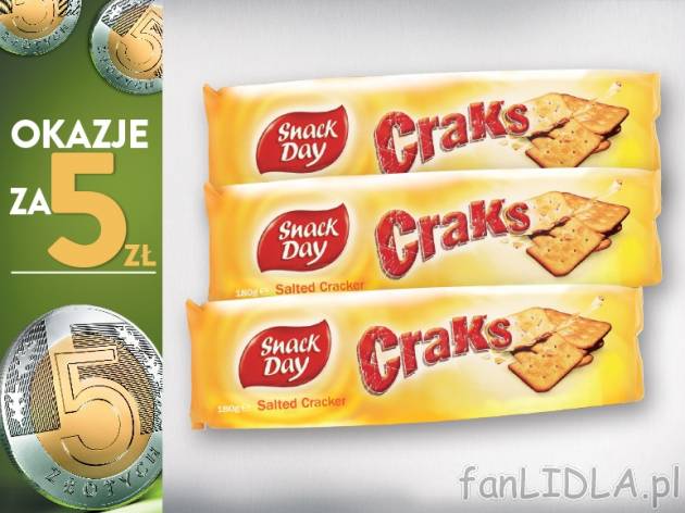Snack Day Krakersy solone, 3 opak. , cena 5,00 PLN za 3 x 180 g, 1 kg=9,26 PLN. ...