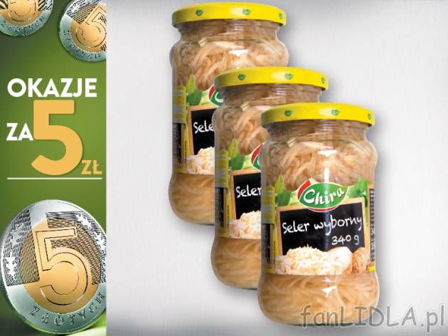 chira Sałatka z selera, 3 opak. , cena 5,00 PLN za 3 x 340 g, 1 kg=4,90 PLN. 
* ...