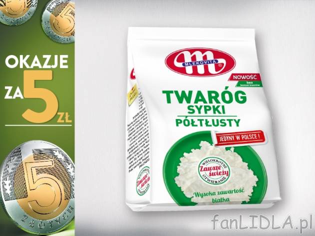 Mlekovita Twaróg sypki półtłusty , cena 5,00 PLN za 500 g/1 opak., 1 kg=10,00 PLN.