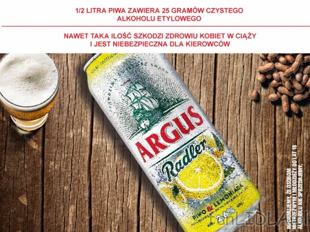 Argus Piwo z lemoniadą , cena 1,00 PLN za 500 ml/1 opak., 1 l=3,38 PLN.