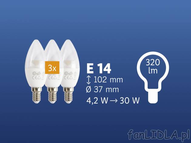 Żarówki LED, 3 szt. Livarno Lux, cena 11,99 PLN 
- klasa energetyczna A+
- ilość ...