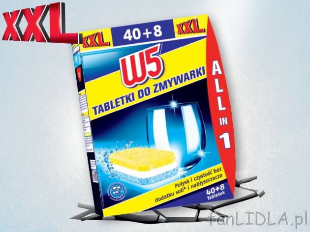 W5 Tabletki do zmywarki 48 szt. , cena 12,00 PLN za 48 x 19 g/1 opak., 1 kg=14,24 PLN.