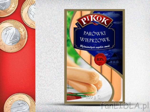 Pikok Parówki wieprzowe , cena 2,00 PLN za 200 g/1 opak., 100 g=1,00 PLN.