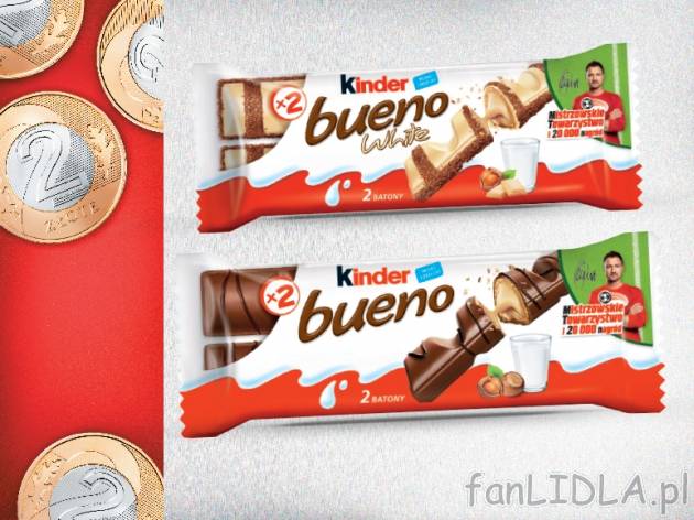 Kinder Bueno , cena 2,00 PLN za 39/43 g/1 opak., 100 g=5,13/4,65 PLN.  
różne rodzaje
