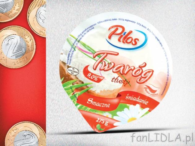 Pilos Twaróg krążek , cena 2,00 PLN za 275 g/1 opak., 1 kg=7,27 PLN.