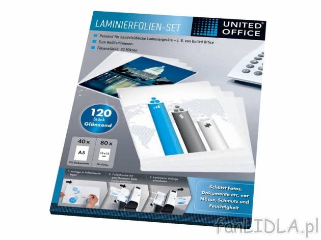 Folie do laminowania United Office, cena 14,99 PLN za 1 opak. 
do wyboru: 
- 40 ...