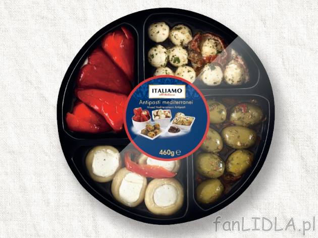 Antipasti , cena 15,00 PLN za 400/460 g/1 opak., 1 kg=39,98/34,76 PLN. 
- różne ...