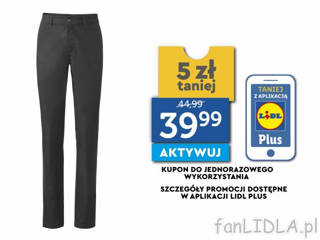 Spodnie chino Livergy, cena 44,99 PLN 
- 98% bawełny, 2% elastanu (LYCRA&reg;)
- ...