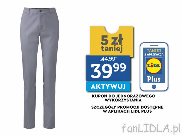 Spodnie chino Livergy, cena 44,99 PLN 
- 98% bawełny, 2% elastanu (LYCRA&reg;)
- ...