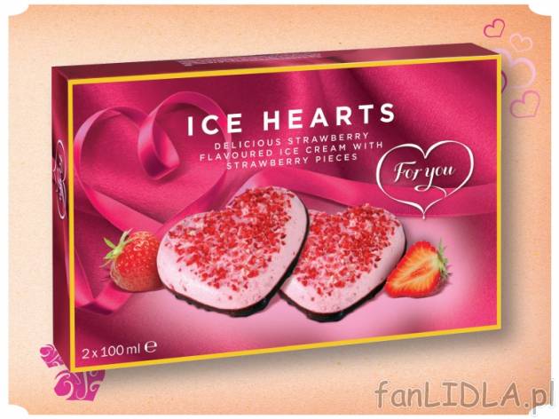 Lody , cena 4,99 PLN za 2x100 ml, 100g=2,50 PLN. 
- lody truskawkowe z kawałkami ...