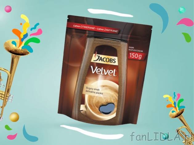 Jacobs Velvet kawa rozpuszczalna , cena 11,00 PLN za 150 g/1 opak., 100 g=7,99 PLN.