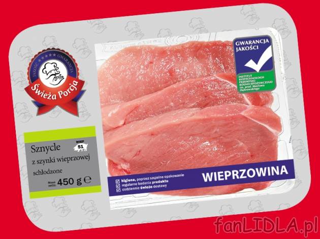 Sznycle z szynki , cena 6,79 PLN za 450 g, 1kg=15,09 PLN.  
-  Sznycle z szynki