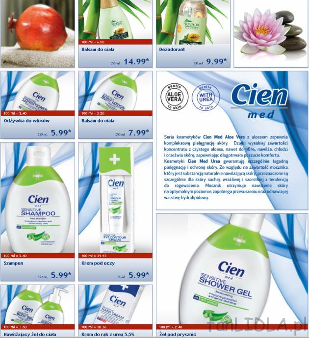 Kosmetyki Cien z gazetki. balsam do ciała, dezodorant, odżywka do włosów, szampon, ...