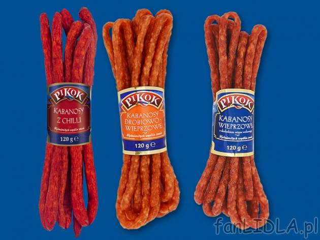 Pikok Kabanosy , cena 2,00 PLN za 120 g/1 opak., 100 g=2,49 PLN.  
Różne rodzaje.