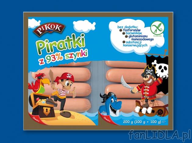 Pikok Piratki Parówki z szynki , cena 3,00 PLN za 200 g/1 opak., 100 g=1,60 PLN.