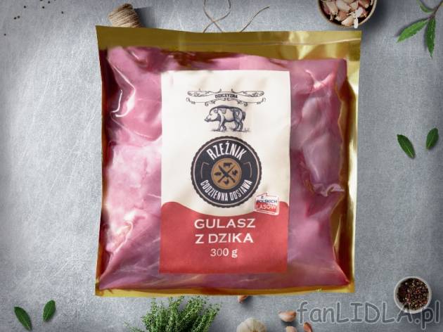 Rzeźnik Gulasz z dzika mrożony , cena 8,00 PLN za 300 g/1 opak., 1 kg=29,97 PLN.