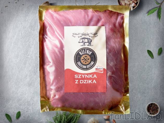 Rzeźnik Szynka z dzika mrożona , cena 19,00 PLN za 500 g/1 opak., 1 kg=39,98 PLN.