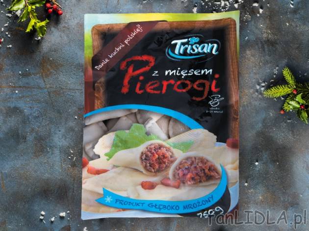 Trisan Pierogi z mięsem , cena 3,00 PLN za 750 g/1 opak., 1 kg=4,39 PLN.