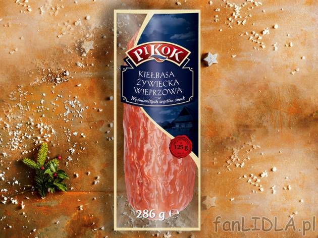 Pikok Kiełbasa żywiecka wieprzowa extra , cena 4,00 PLN za 286 g/1 opak., 1 kg=17,02 ...