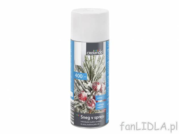 Śnieg w sprayu Crelando, cena 14,99 PLN 
3 rodzaje do wyboru 
- 400 ml/1 opak.
- ...