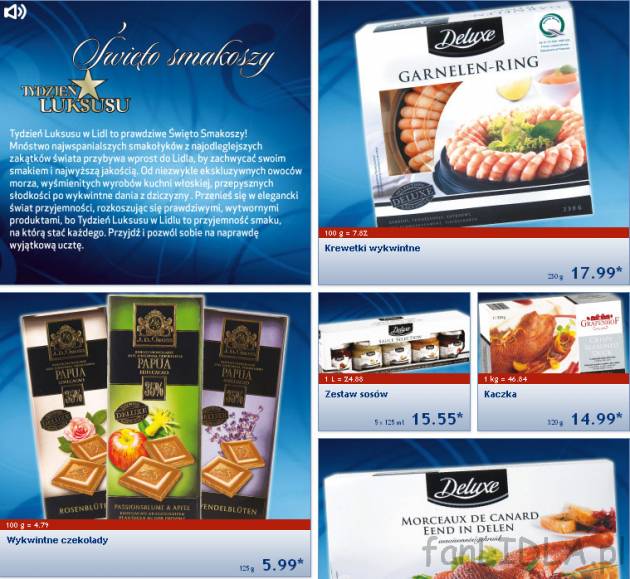 Krewetki wykwintne Lidl 17,99PLN, zestaw sosów, kaczka, wykwintne czekolady. Deluxe