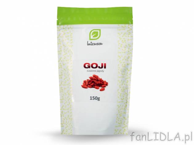 Intenson Suszone Jagody Goji , cena 12,00 PLN za 150 g/1 opak., 100 g=8,66 PLN.