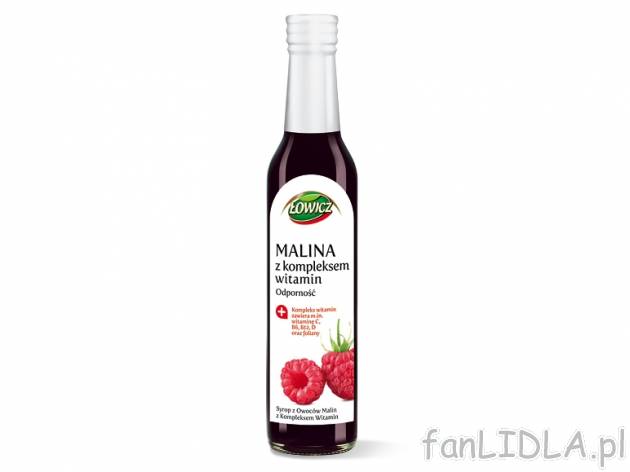 Łowicz Syrop malinowy , cena 4,00 PLN za 250 ml/1 but., 100 ml=2,00 PLN.