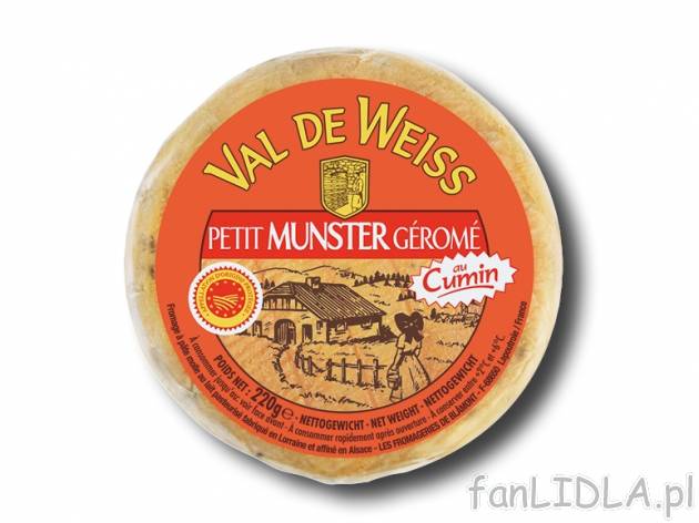 Ser Petit Munster z kminkiem , cena 6,00 PLN za 220 g/1 opak., 100 g=3,18 PLN.