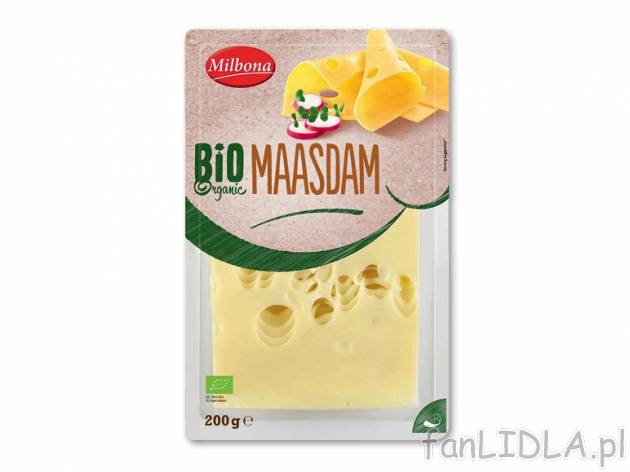 Milbona Bio Gouda lub Maasdam , cena 6,00 PLN za 200 g/1 opak., 100 g=3,50 PLN.