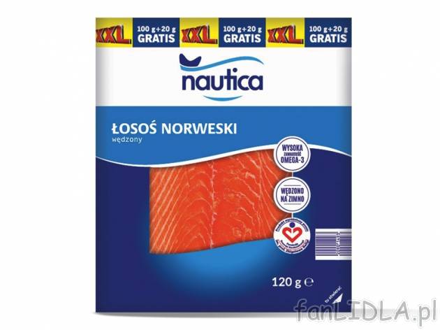 Nautica Łosoś wędzony , cena 9,00 PLN za 120 g/1 opak., 100 g=8,33 PLN.