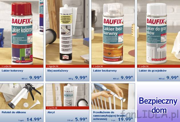 Lakier Baufix z Lidla, pistolet do silikonu, akryl, klej montażowy