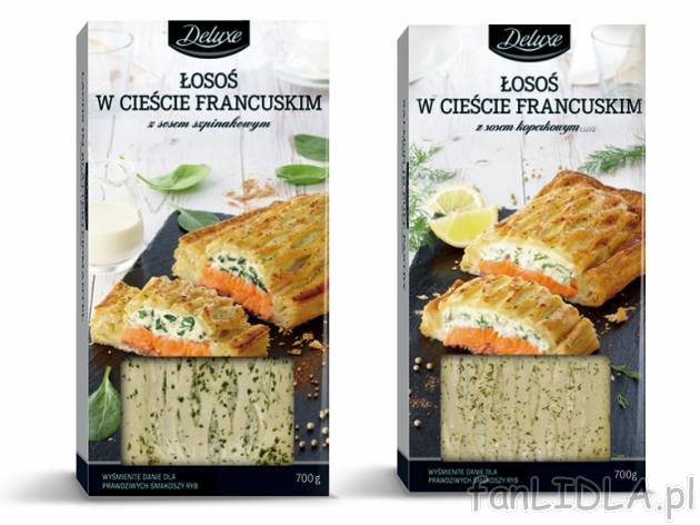 Łosoś w cieście francuskim , cena 18,00 PLN za 700 g/1 opak., 1 kg=27,13 PLN. ...