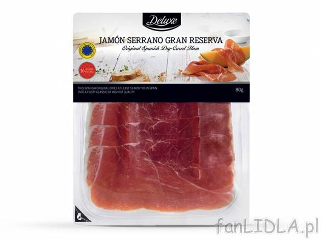 Szynka krojona Jamon Serrano Gran Reserva , cena 5,00 PLN za 80 g/1 opak., 100 g=7,49 ...