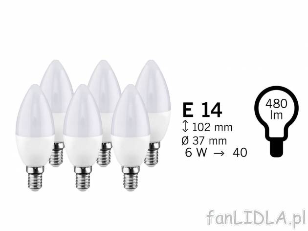 Żarówki LED, 6 szt. Livarno, cena 29,99 PLN  
-  klasa energetyczna A+
Opis