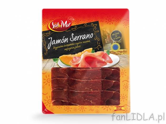 Szynka krojona Jamon Serrano Gran Reserva , cena 5,00 PLN za 80 g/1 opak., 100 g=7,49 ...