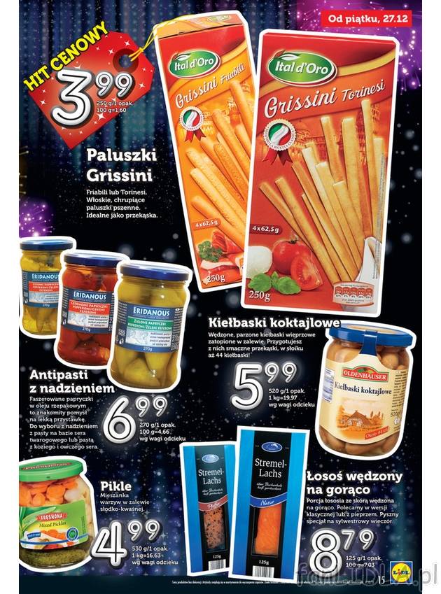 Od piątku, 27 grudnia promocji w Lidlu na paluszki grissini, kiełbaski koktajlowe, ...