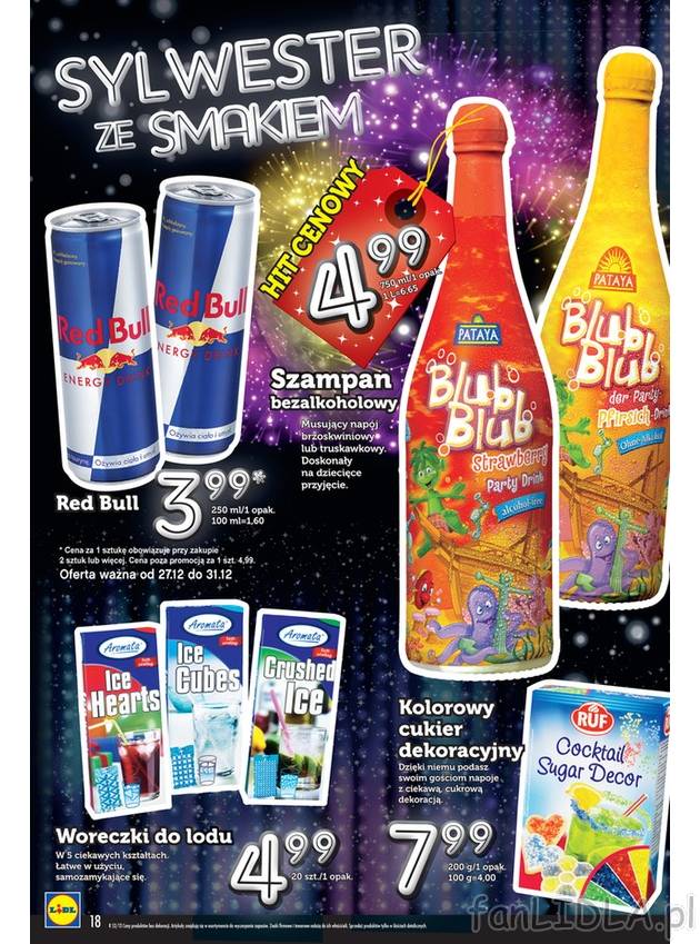 Sylwester ze smakiem w Lidlu. Do kupienia red bull w puszcze, szampan bezalkoholowy, ...