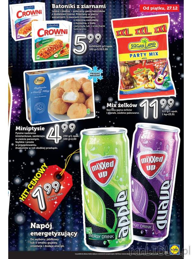 Napój energetyzujący w promocji w Lidlu. Ponadto w sprzedaży batoniki z ziarnami, ...