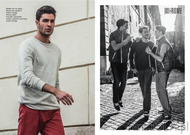 Bluza męska w kolorze brudnej bieli, typu basic. Spodnie męskie w kolorze ceglastym