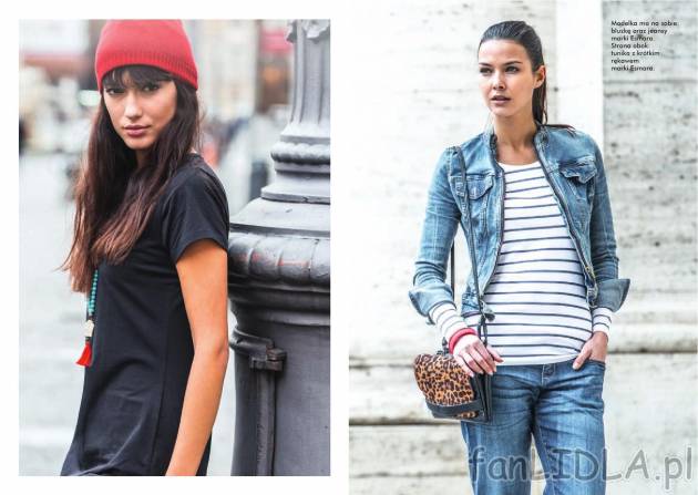 Czarny, luźny T-shirt damski, marynarska bluzka typu basic, jeansowe spodnie oraz ...