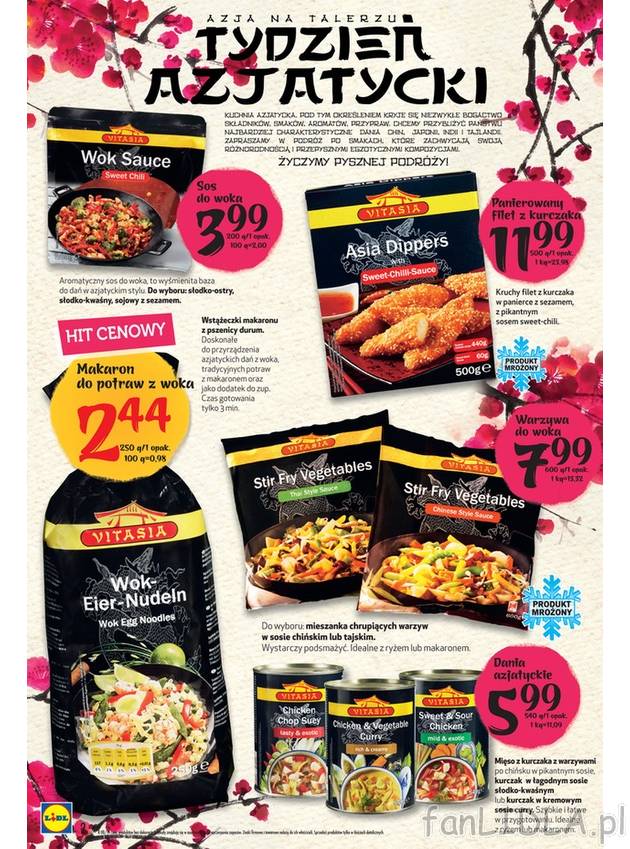 Wstążeczki makaronu z pszenicy darum, kruchy filet z kurczaka w panierce z sezamem ...