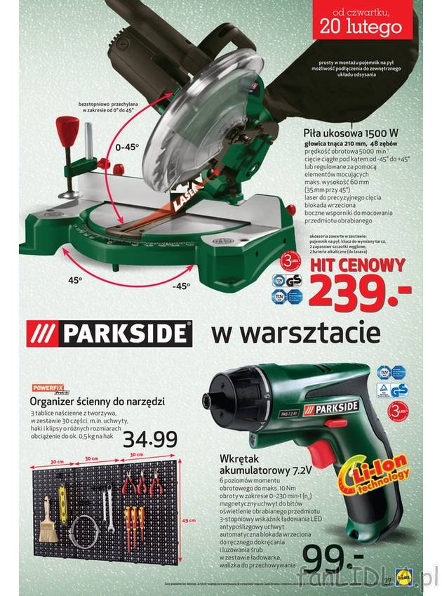 Piła ukosowa 1500W z głowicą tnącą 210m, 48 zębów. Organizer ścienny do ...