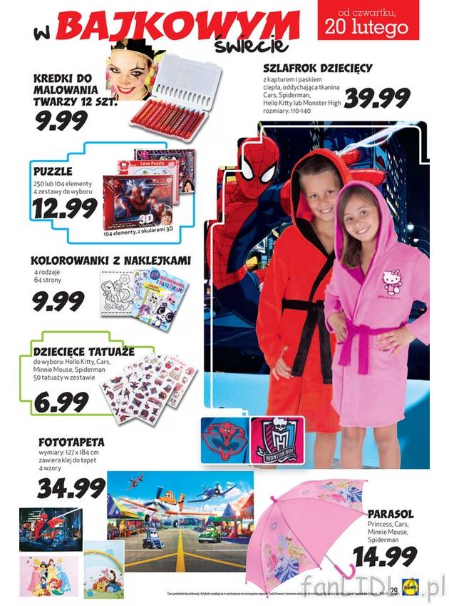 Kredki do malowania twarzy, szlafrok dziecięcy z ulubionymi postaciami z kreskówek-wzory ...