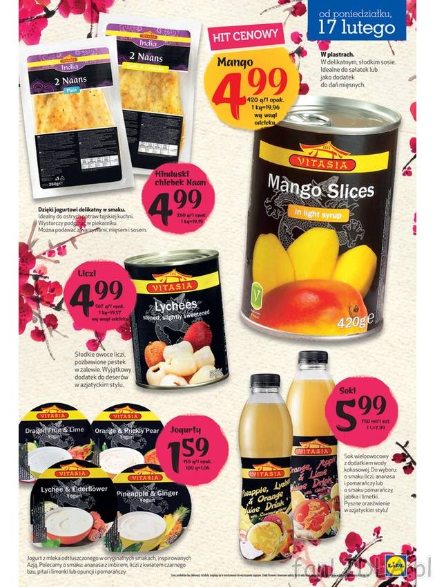 Hinduski chlebek Naan, mango oraz liczi w puszce, różne smaki jogurtów i soków
