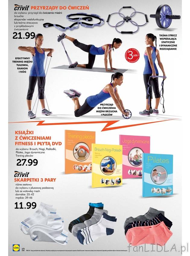 Gazetka Lidl oferuje skarpetki, 3 pary oraz książki z ćwiczeniami fitness i płytą ...