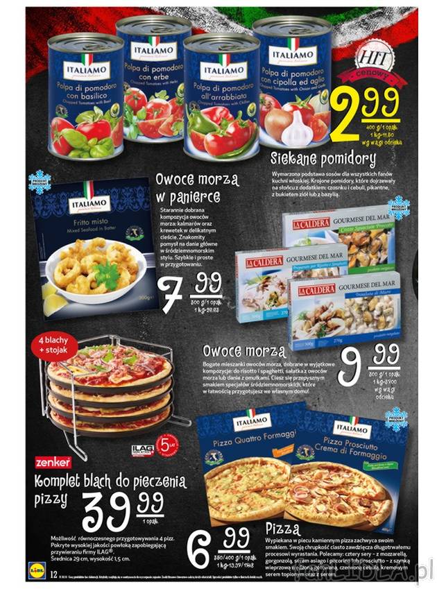 Owoce morza, siekane pomidory, pizza, komplet blach do pieczenia
